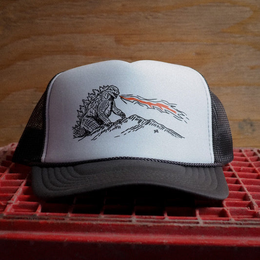 "Monster in the Mountains" Grey Trucker Hat - Intrigue Ink Visit Bozeman, Unique Shopping Boutique in Montana, Work from Home Clothes for Women