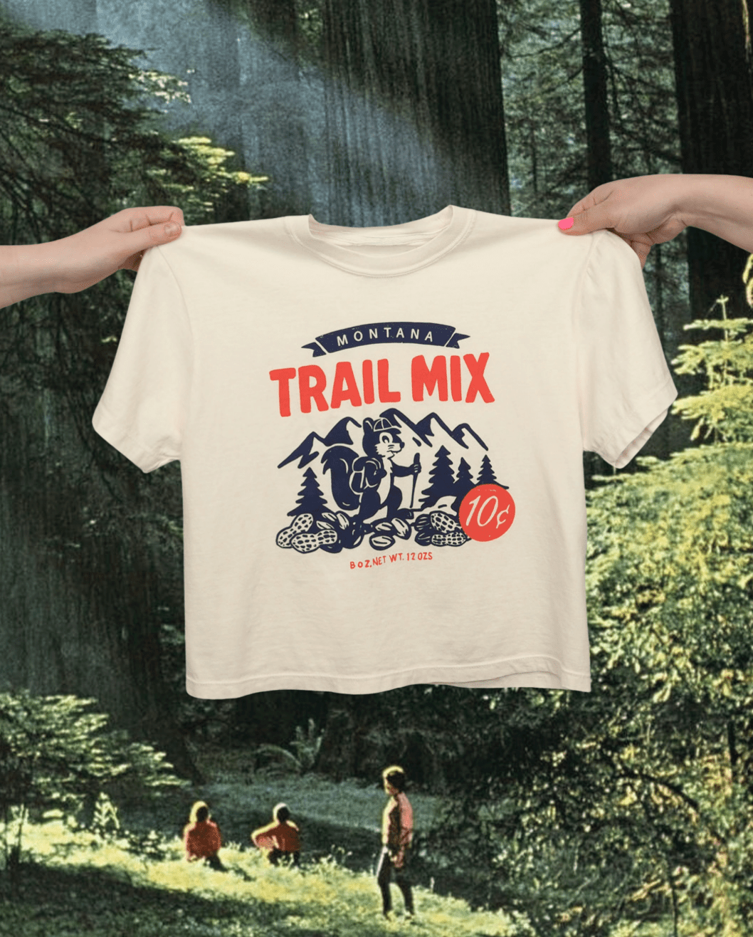 "Montana Trail Mix" Crop Tee - Intrigue Ink Visit Bozeman, Unique Shopping Boutique in Montana, Work from Home Clothes for Women