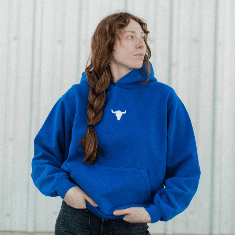 "Bison Skull" Cobalt Hoodie - Intrigue Ink Visit Bozeman, Unique Shopping Boutique in Montana, Work from Home Clothes for Women