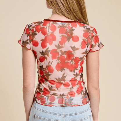 Fruit Print Mesh Blouse - Cherry - Intrigue Ink Visit Bozeman, Unique Shopping Boutique in Montana, Work from Home Clothes for Women
