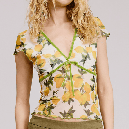 Fruit Print Mesh Blouse - Lemon - Intrigue Ink Visit Bozeman, Unique Shopping Boutique in Montana, Work from Home Clothes for Women