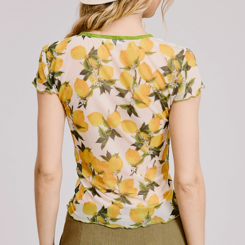 Fruit Print Mesh Blouse - Lemon - Intrigue Ink Visit Bozeman, Unique Shopping Boutique in Montana, Work from Home Clothes for Women
