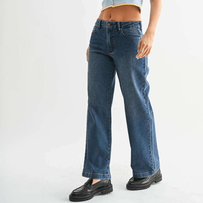 Slim Wide Leg Sweat Jean - Dark Denim - Intrigue Ink Visit Bozeman, Unique Shopping Boutique in Montana, Work from Home Clothes for Women