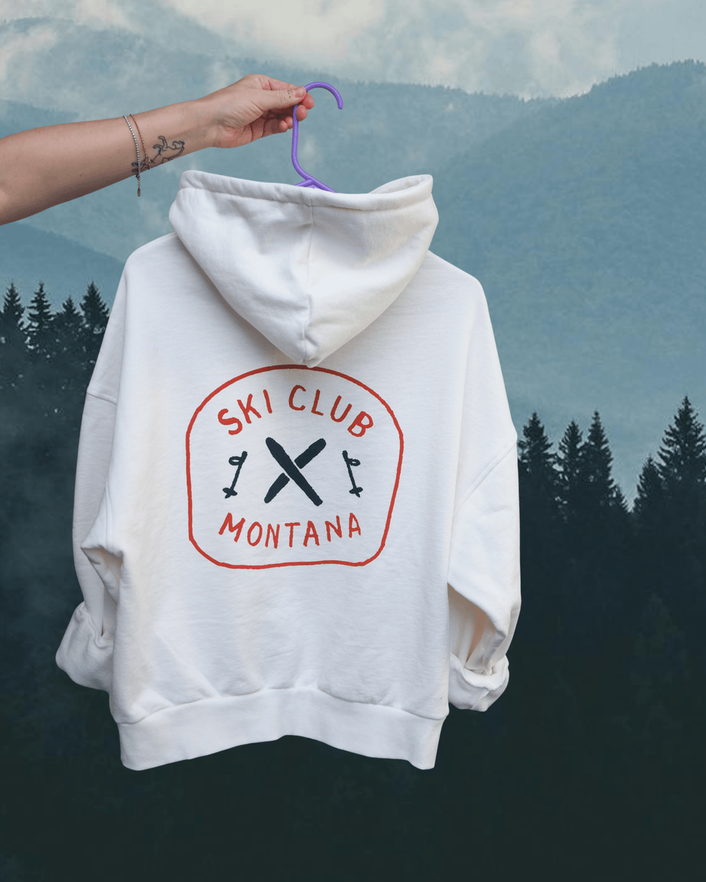 "Ski Club" Hoodie in White - Intrigue Ink Visit Bozeman, Unique Shopping Boutique in Montana, Work from Home Clothes for Women