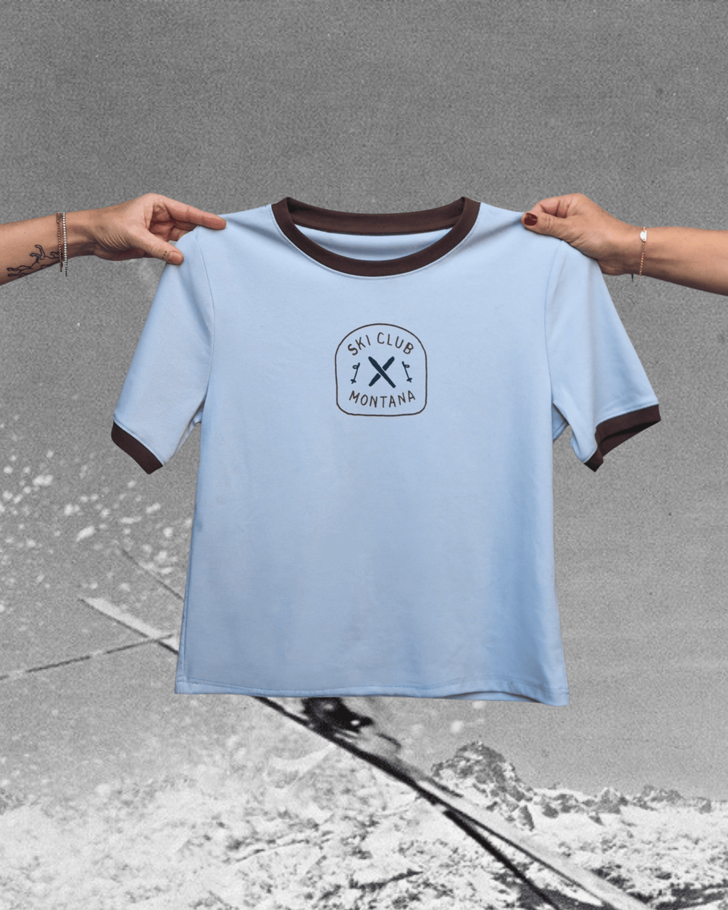 "Ski Club" Ringer Tee in Dusty Blue - Intrigue Ink Visit Bozeman, Unique Shopping Boutique in Montana, Work from Home Clothes for Women