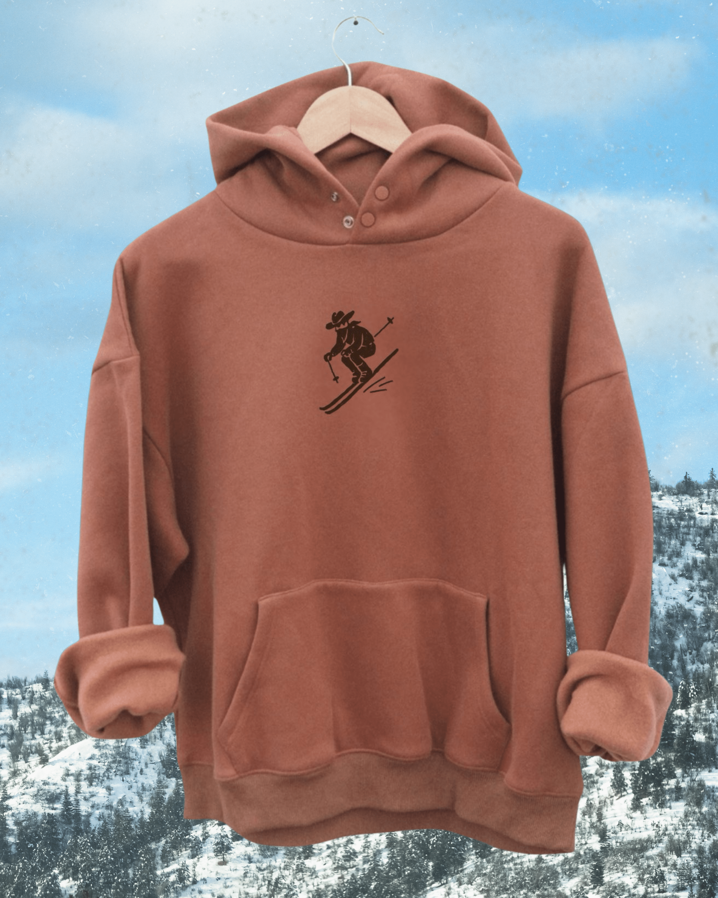 "Ski Cowboy" Latte Hoodie - Intrigue Ink Visit Bozeman, Unique Shopping Boutique in Montana, Work from Home Clothes for Women