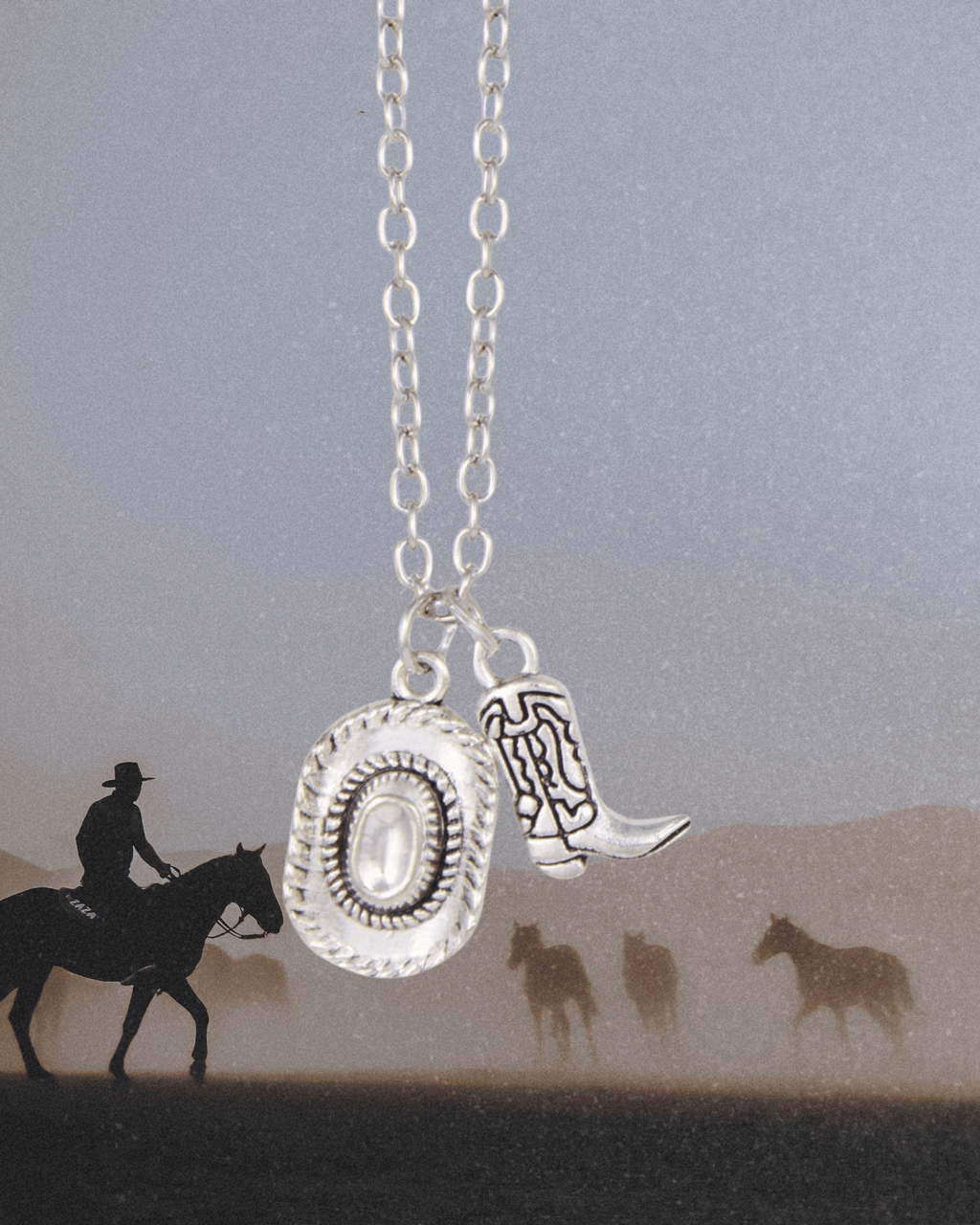 Southwest Style Cowboy Hat Boot Silver Necklace - Intrigue Ink Visit Bozeman, Unique Shopping Boutique in Montana, Work from Home Clothes for Women