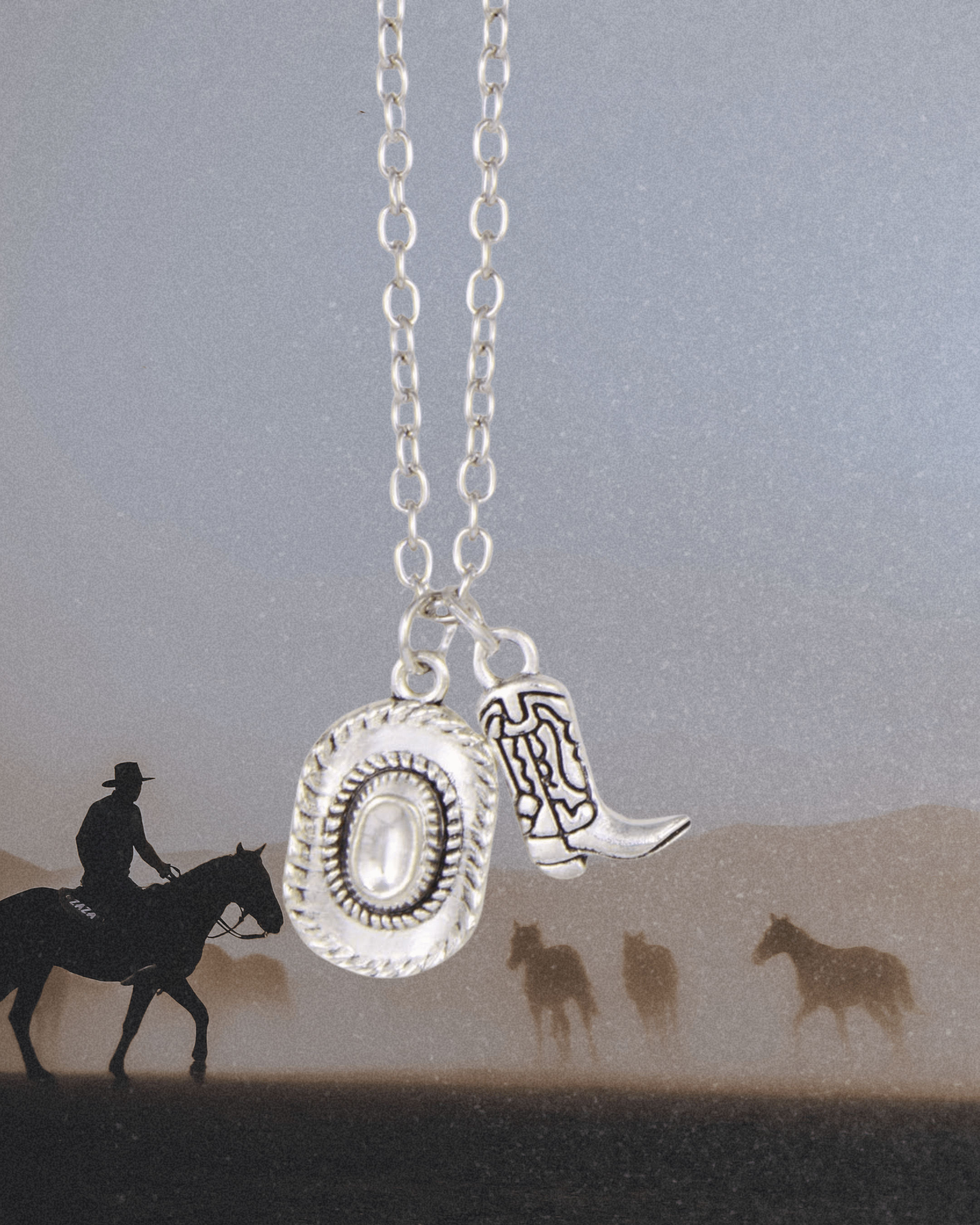 Southwest Style Cowboy Hat Boot Silver Necklace - Intrigue Ink Visit Bozeman, Unique Shopping Boutique in Montana, Work from Home Clothes for Women