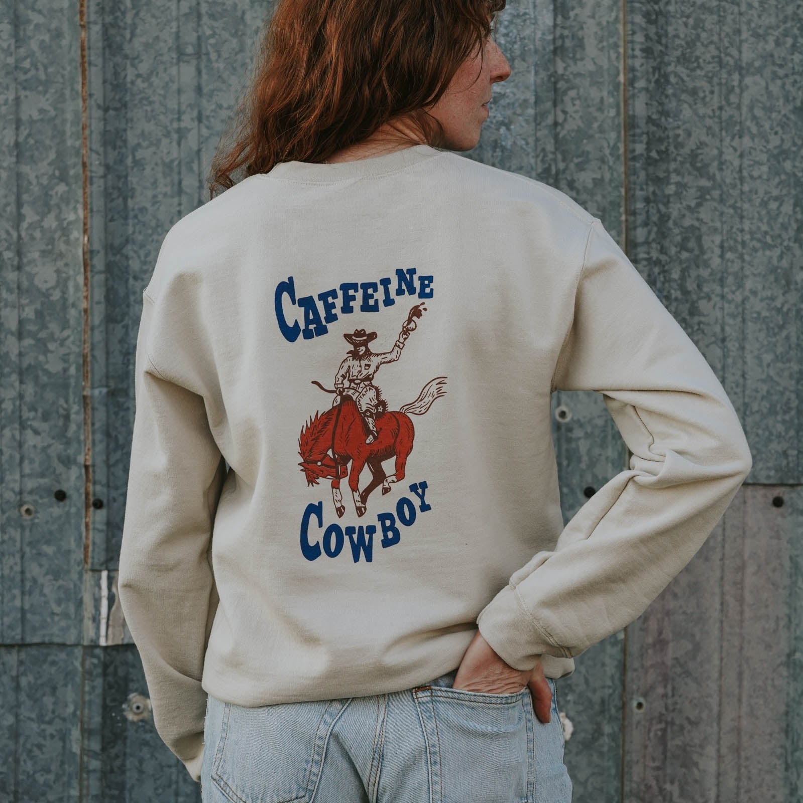 "Caffeine Cowboy” Pullover - Intrigue Ink Visit Bozeman, Unique Shopping Boutique in Montana, Work from Home Clothes for Women