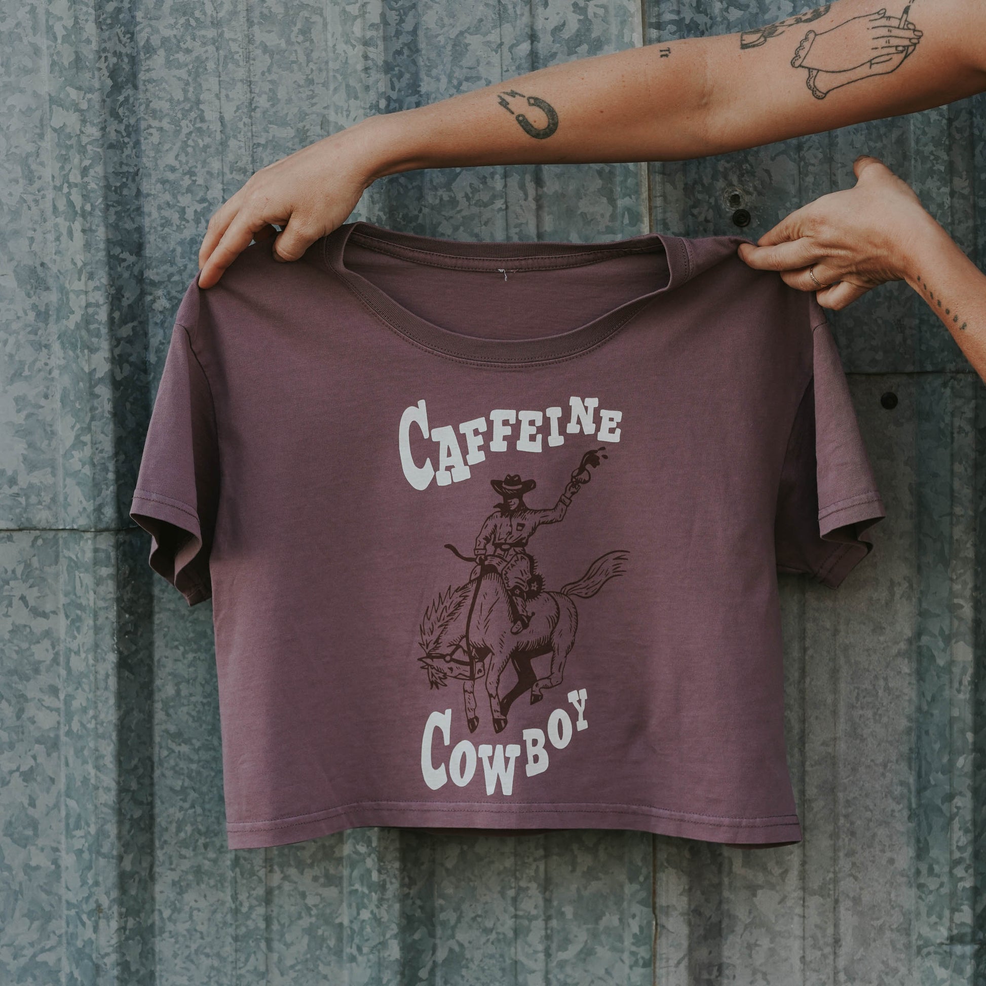 Caffeine Cowboy Crop Tee - Intrigue Ink Visit Bozeman, Unique Shopping Boutique in Montana, Work from Home Clothes for Women