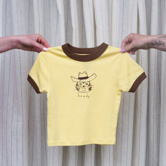 "Howdy Cat" Two Tone Crop Tee - Intrigue Ink Visit Bozeman, Unique Shopping Boutique in Montana, Work from Home Clothes for Women