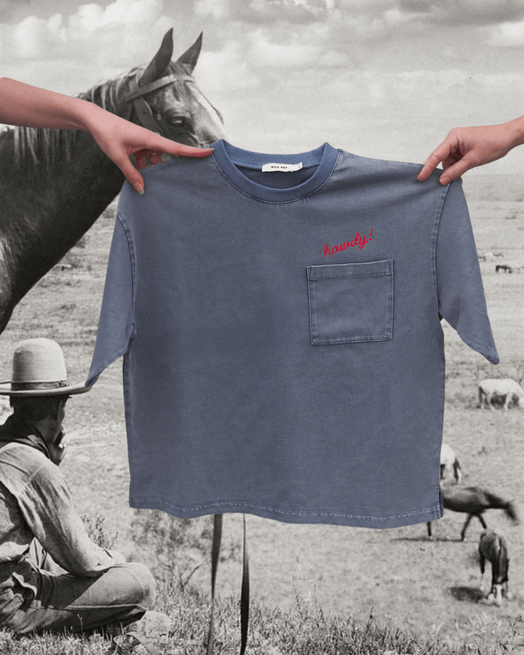 “Howdy!” Pocket Tee - Intrigue Ink Visit Bozeman, Unique Shopping Boutique in Montana, Work from Home Clothes for Women