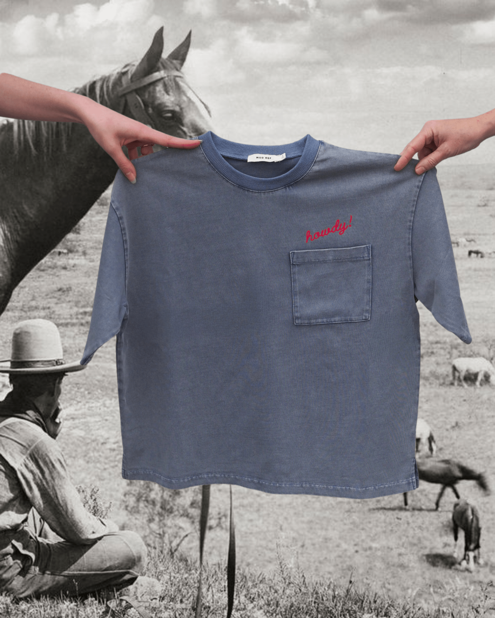 “Howdy!” Pocket Tee - Intrigue Ink Visit Bozeman, Unique Shopping Boutique in Montana, Work from Home Clothes for Women