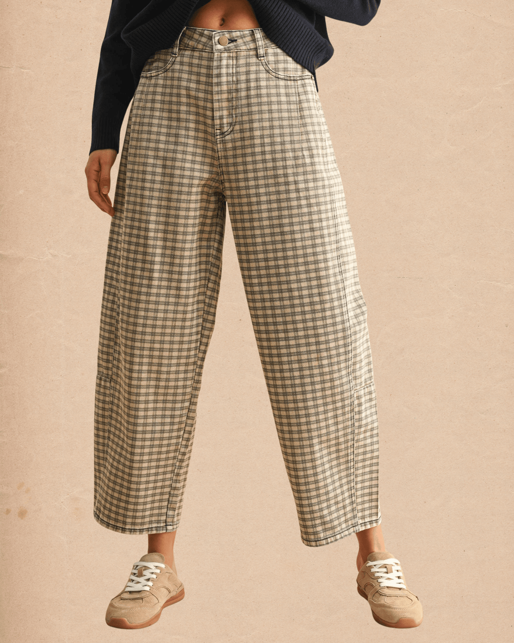 Tan Checkered Barrel Pants - Intrigue Ink Visit Bozeman, Unique Shopping Boutique in Montana, Work from Home Clothes for Women