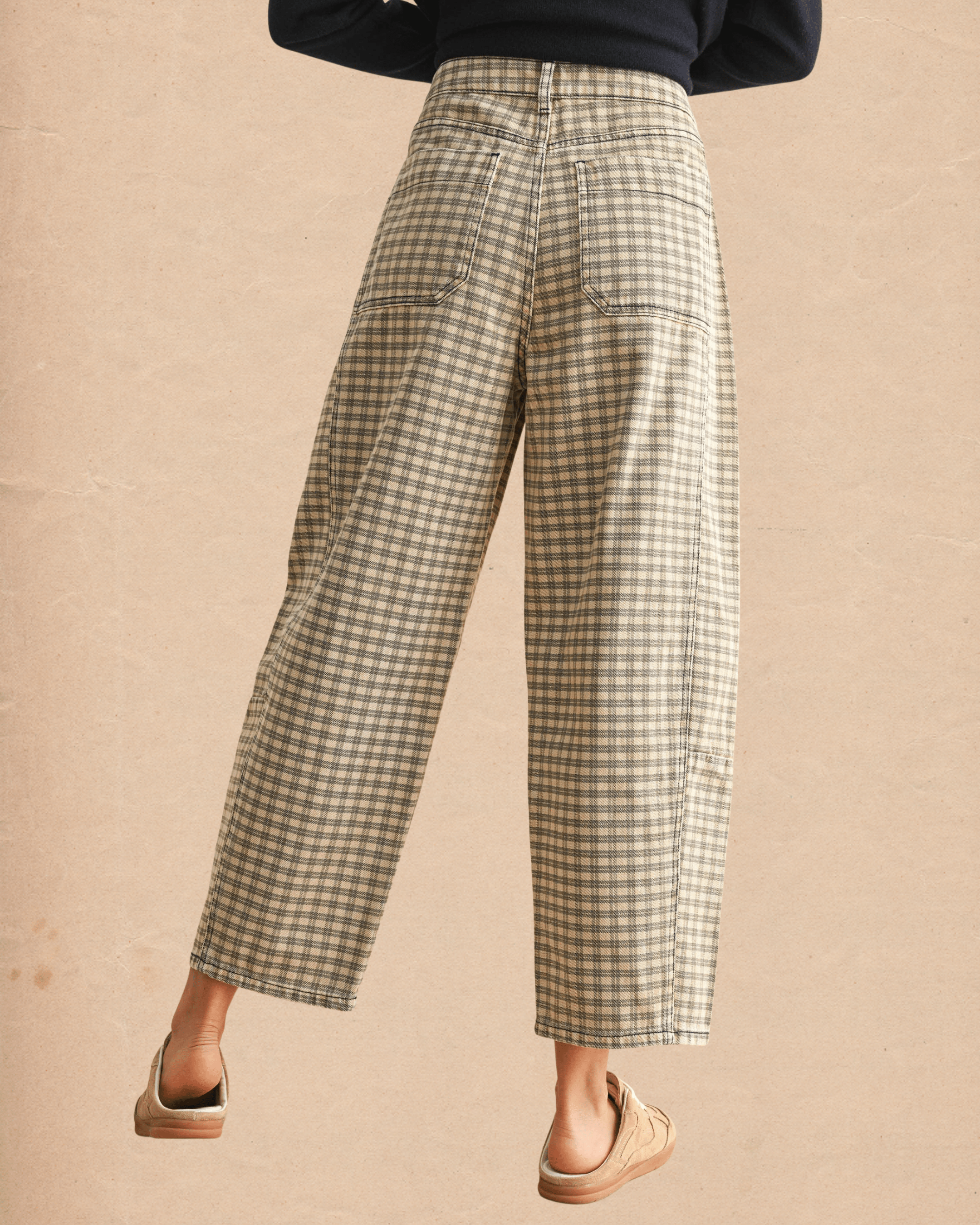 Tan Checkered Barrel Pants - Intrigue Ink Visit Bozeman, Unique Shopping Boutique in Montana, Work from Home Clothes for Women