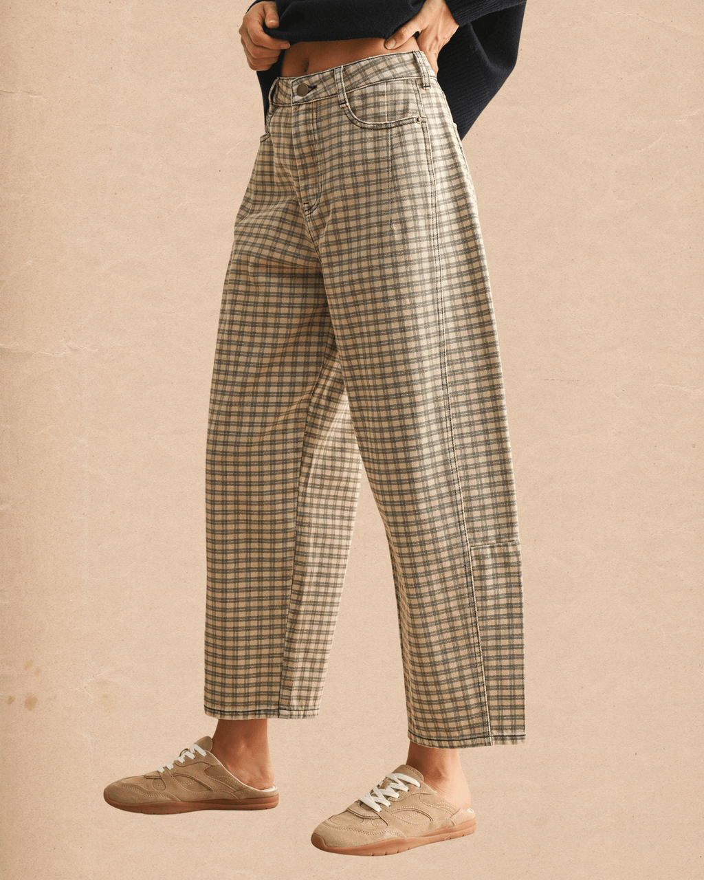 Tan Checkered Barrel Pants - Intrigue Ink Visit Bozeman, Unique Shopping Boutique in Montana, Work from Home Clothes for Women