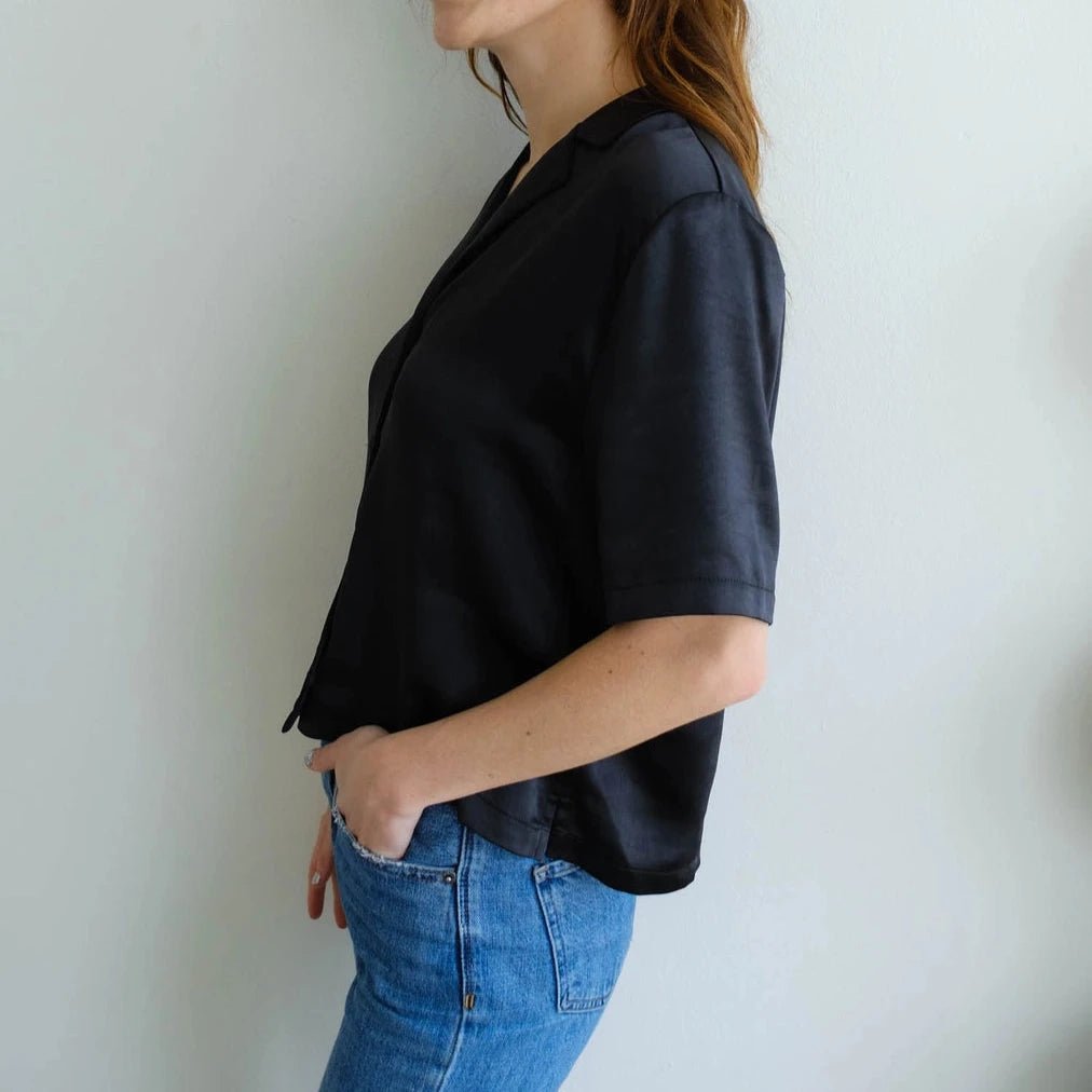 Satin Black Short Sleeve Button Up - Intrigue Ink Visit Bozeman, Unique Shopping Boutique in Montana, Work from Home Clothes for Women