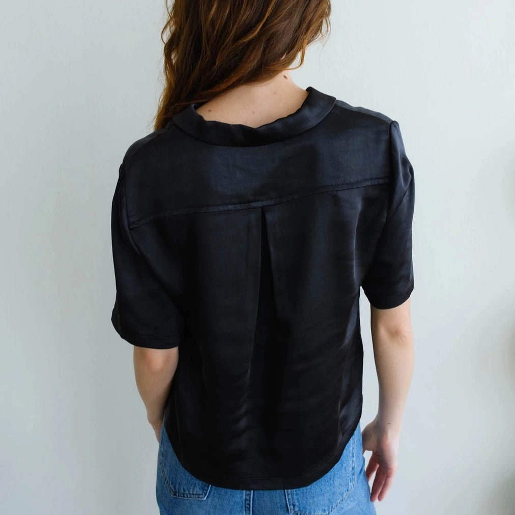 Satin Black Short Sleeve Button Up - Intrigue Ink Visit Bozeman, Unique Shopping Boutique in Montana, Work from Home Clothes for Women