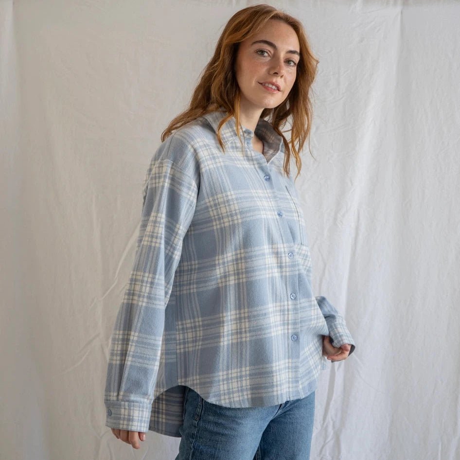 Light Blue Plaid Button Up - Intrigue Ink Visit Bozeman, Unique Shopping Boutique in Montana, Work from Home Clothes for Women