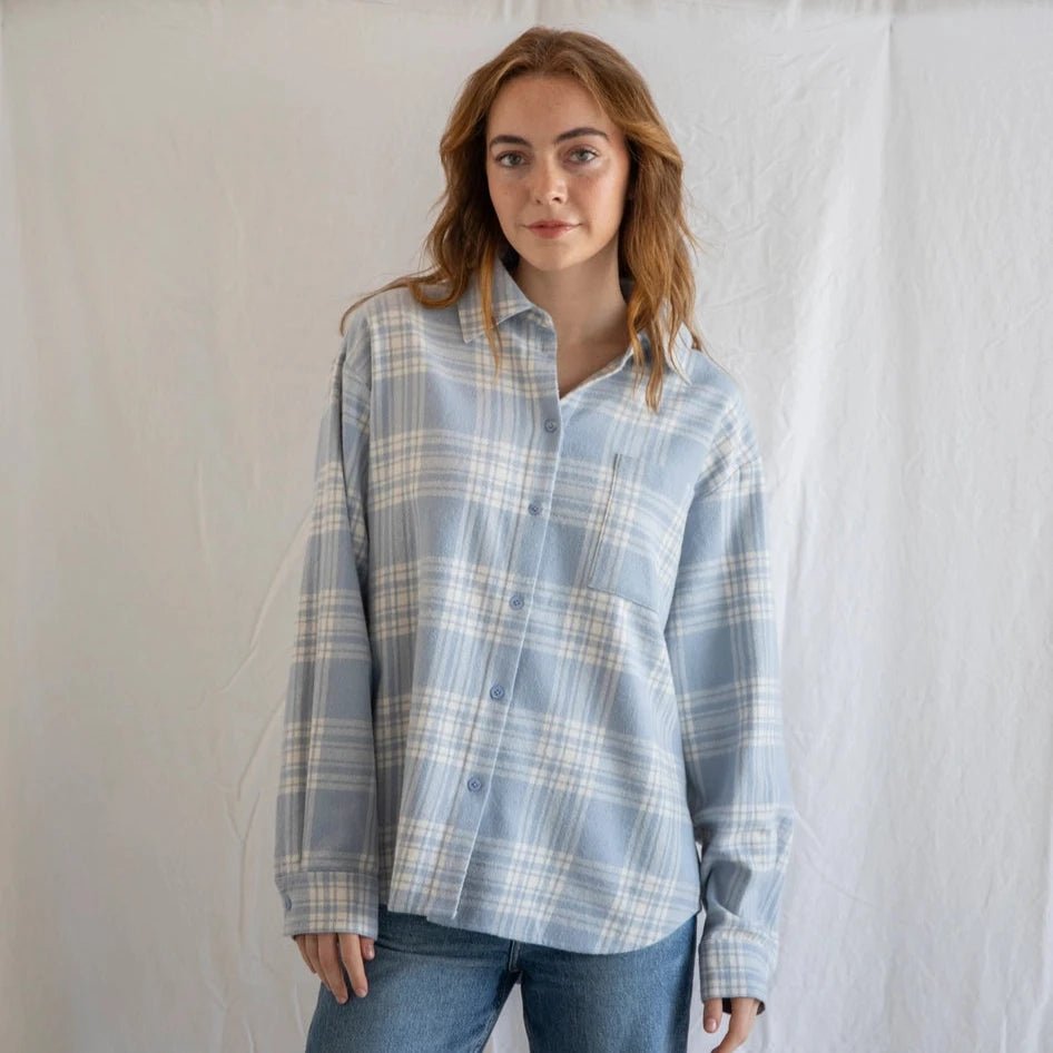 Light Blue Plaid Button Up - Intrigue Ink Visit Bozeman, Unique Shopping Boutique in Montana, Work from Home Clothes for Women