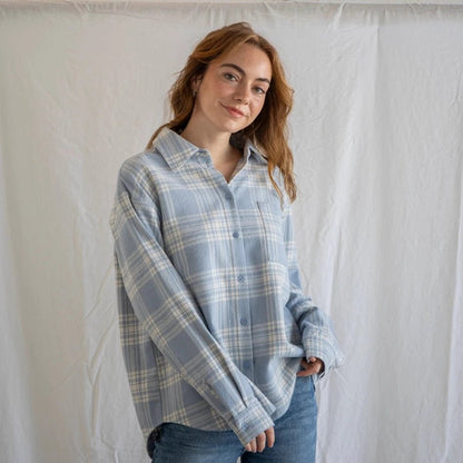 Light Blue Plaid Button Up - Intrigue Ink Visit Bozeman, Unique Shopping Boutique in Montana, Work from Home Clothes for Women