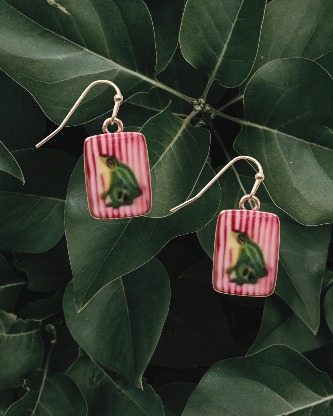 Funky Frog Print Gold Stripe Earrings