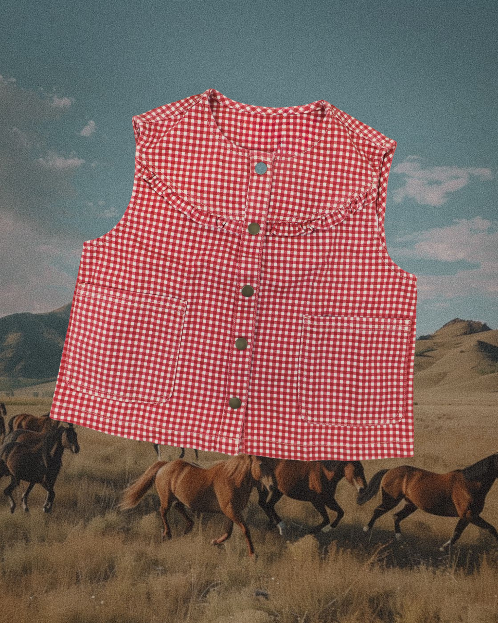 GIngham Printed Button Front Vest - Red
