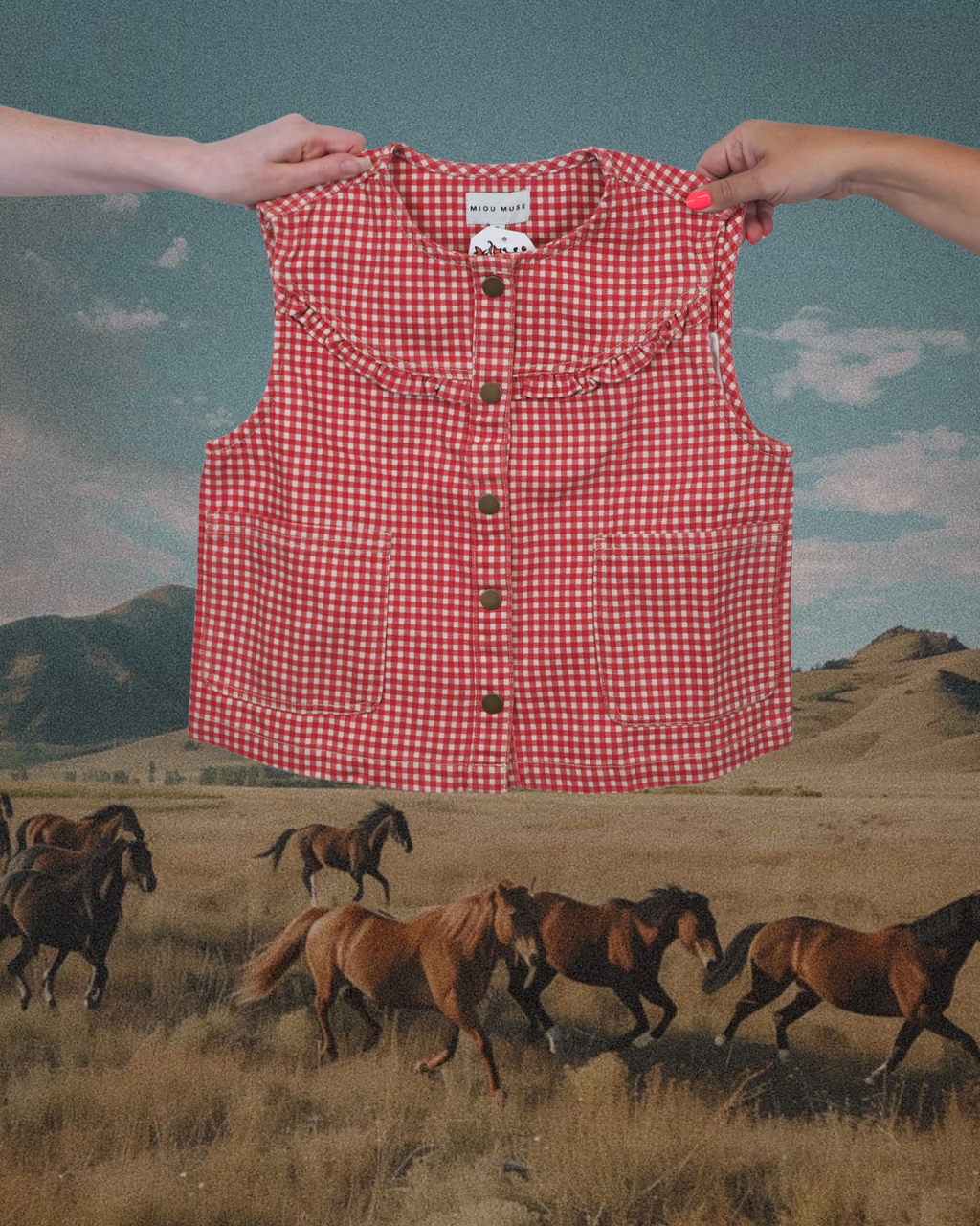 GIngham Printed Button Front Vest - Red