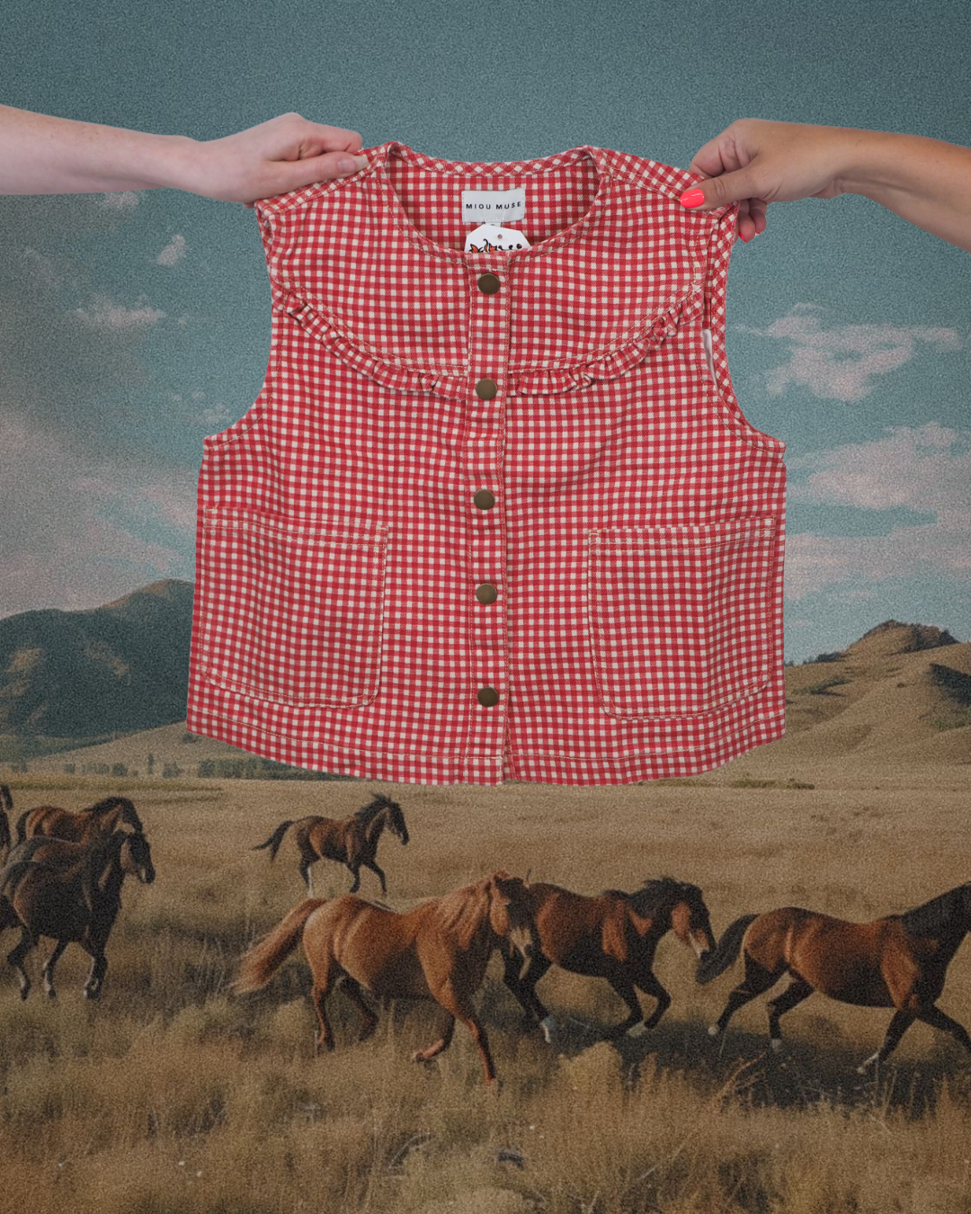GIngham Printed Button Front Vest - Red