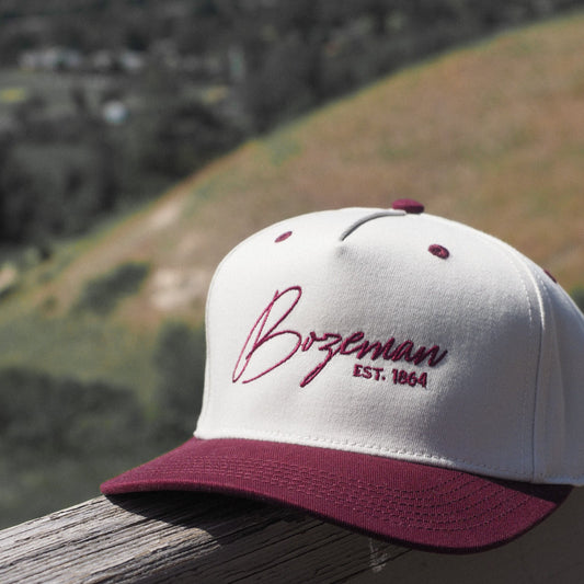 Bozeman Beige / Burgundy Hat - Intrigue Ink Visit Bozeman, Unique Shopping Boutique in Montana, Work from Home Clothes for Women