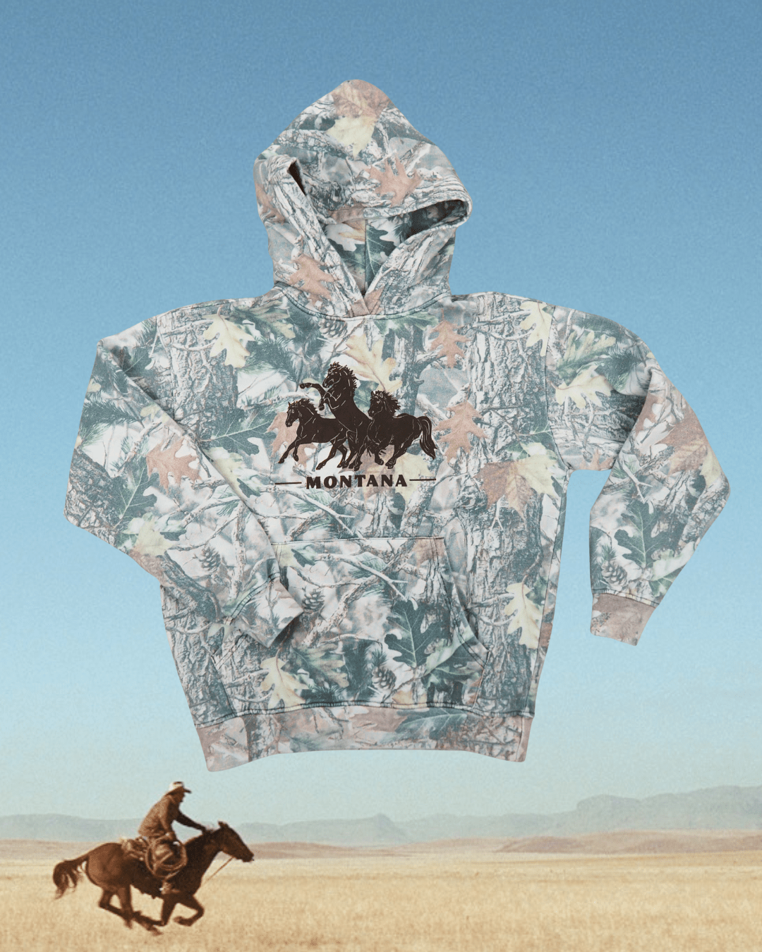 "Horsepower" Camo Hoodie with Brown Ink - Intrigue Ink Visit Bozeman, Unique Shopping Boutique in Montana, Work from Home Clothes for Women