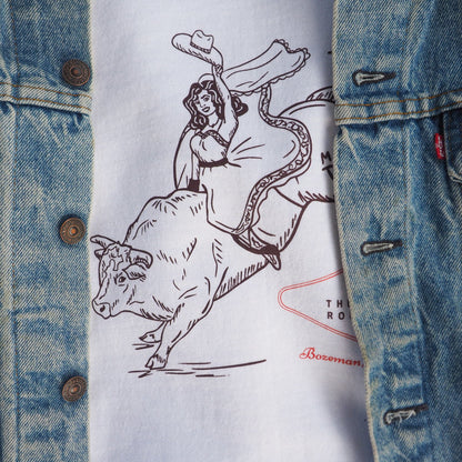 "Last Roundup" White Tee - Intrigue Ink Visit Bozeman, Unique Shopping Boutique in Montana, Work from Home Clothes for Women