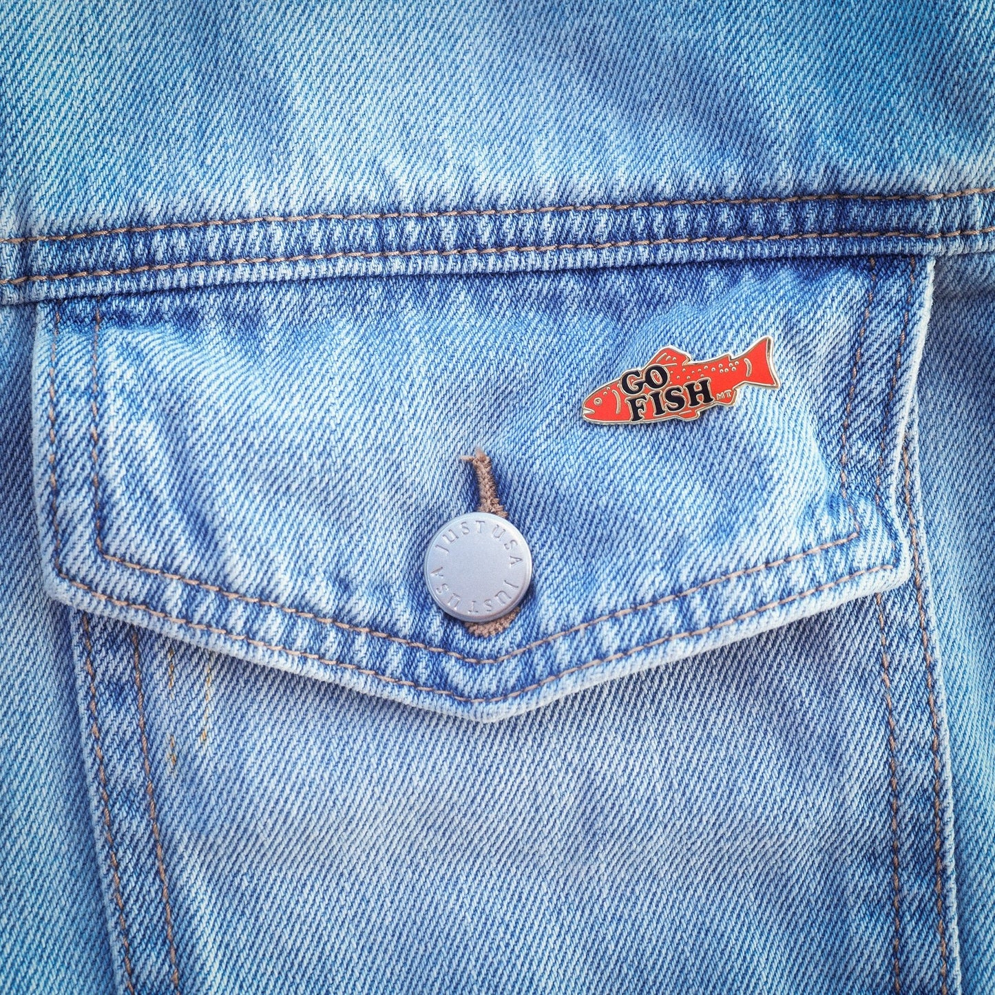 "Go Fish" Pin - Intrigue Ink Visit Bozeman, Unique Shopping Boutique in Montana, Work from Home Clothes for Women