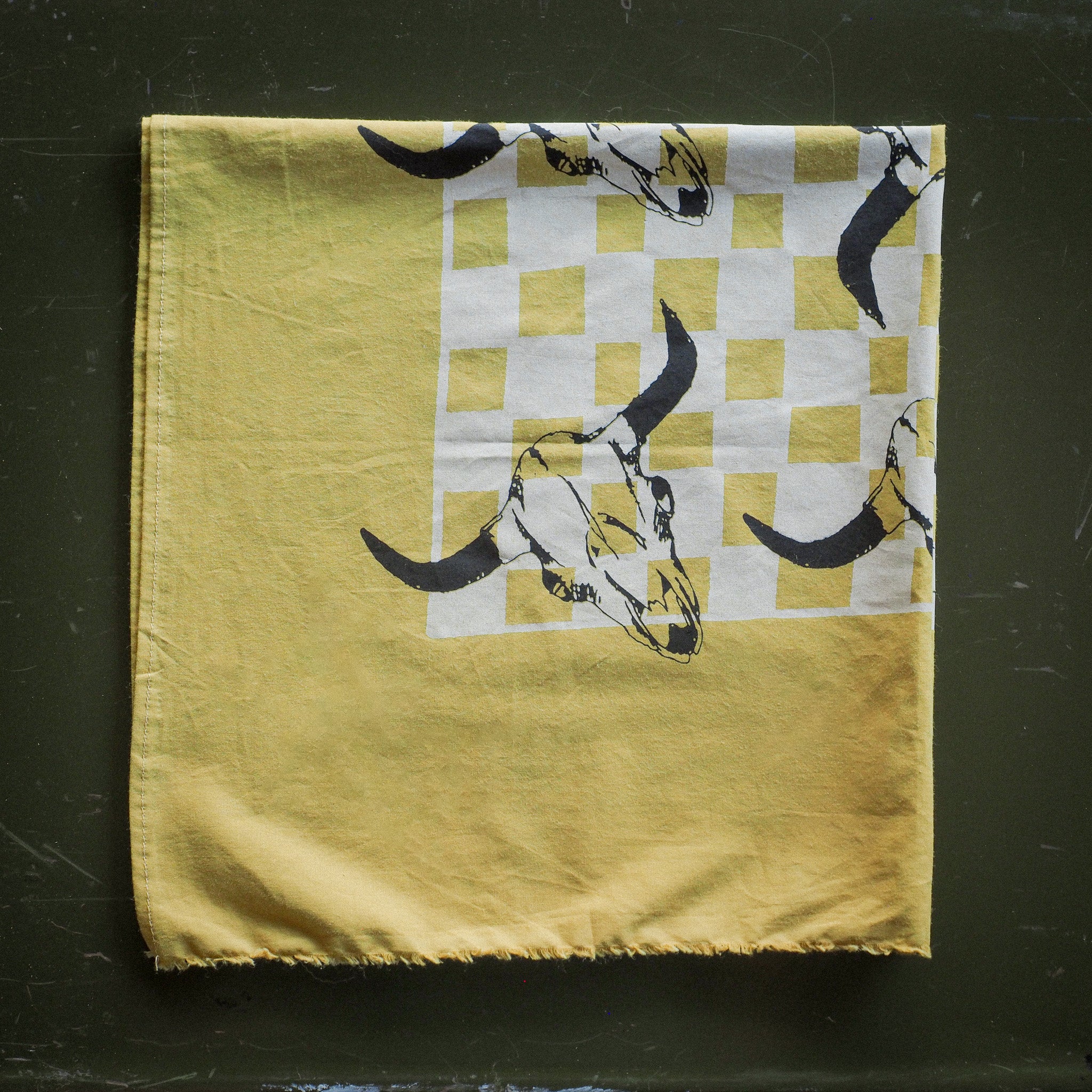 Bison Skull Check Bandana - Mustard