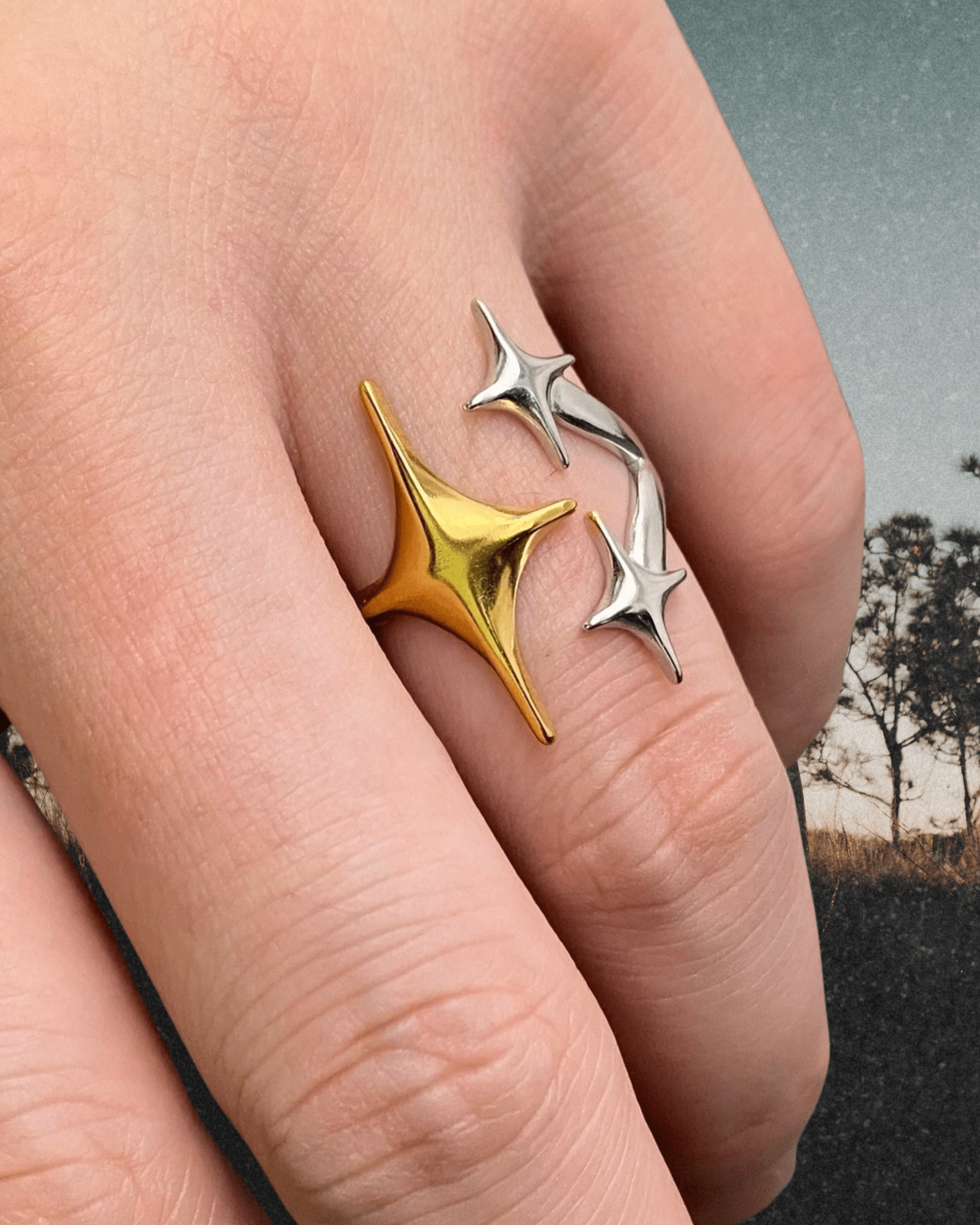 Two - Tone Three Stars 18K Golden Adjustable Ring - Intrigue Ink Visit Bozeman, Unique Shopping Boutique in Montana, Work from Home Clothes for Women