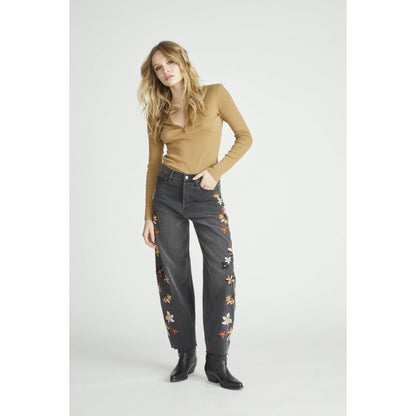 Embroidered Flower Jeans - Washed Black - Intrigue Ink Visit Bozeman, Unique Shopping Boutique in Montana, Work from Home Clothes for Women